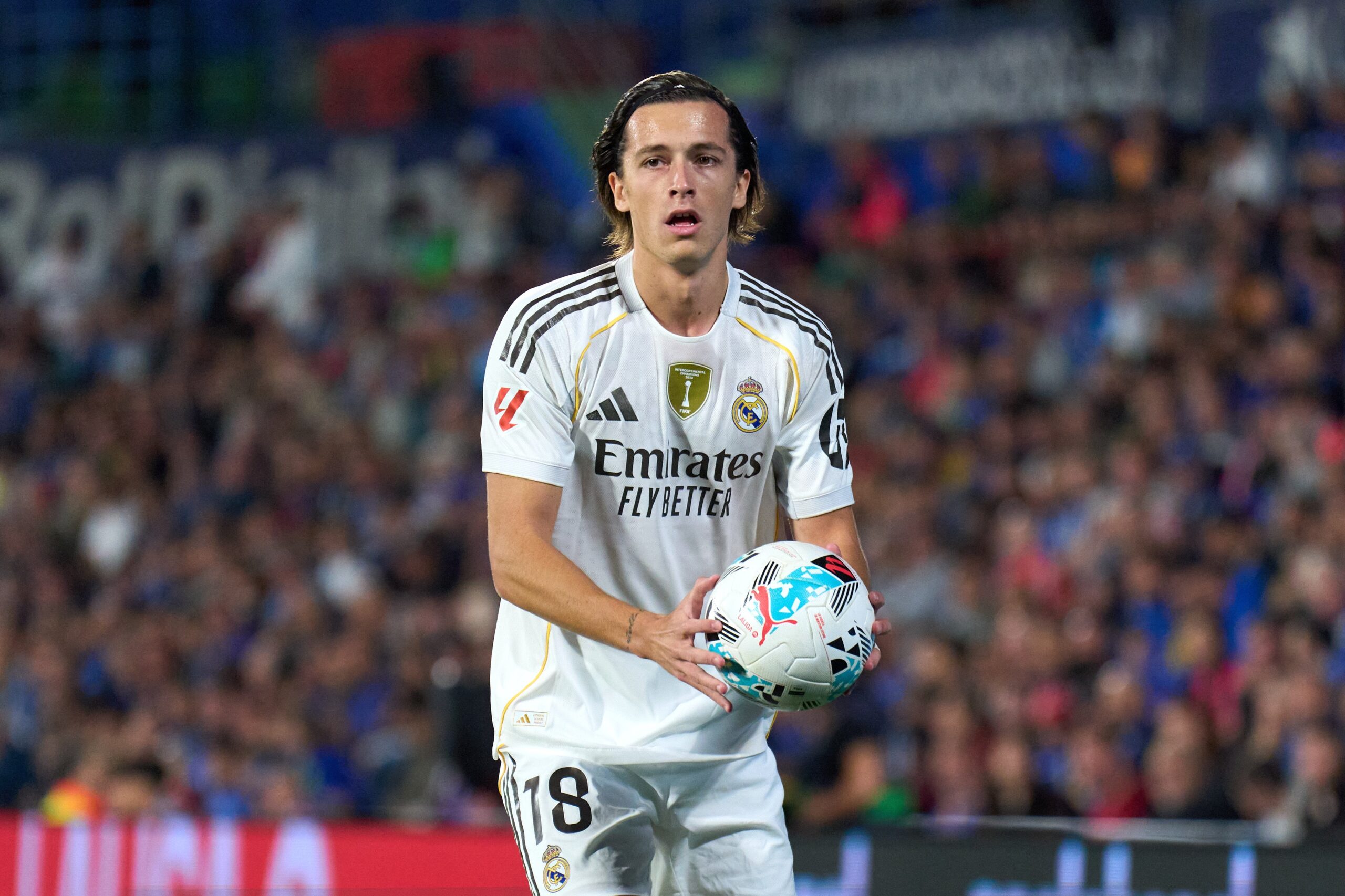 GETAFE, SPAIN - OCTOBER 19: Alvaro Carreras of Real Madrid looks on during the LaLiga EA Sports match between Getafe CF and Real Madrid CF at Coliseum Alfonso Perez on October 19, 2025 in Getafe, Spain. (Photo by Angel Martinez/Getty Images)