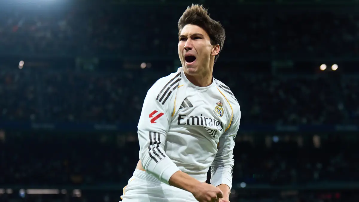MADRID, SPAIN - FEBRUARY 14: Gonzalo Garcia of Real Madrid celebrates scoring his team's first goal during the LaLiga EA Sports match between Real Madrid CF and Real Sociedad at Estadio Santiago Bernabeu on February 14, 2026 in Madrid, Spain. (Photo by Angel Martinez/Getty Images)