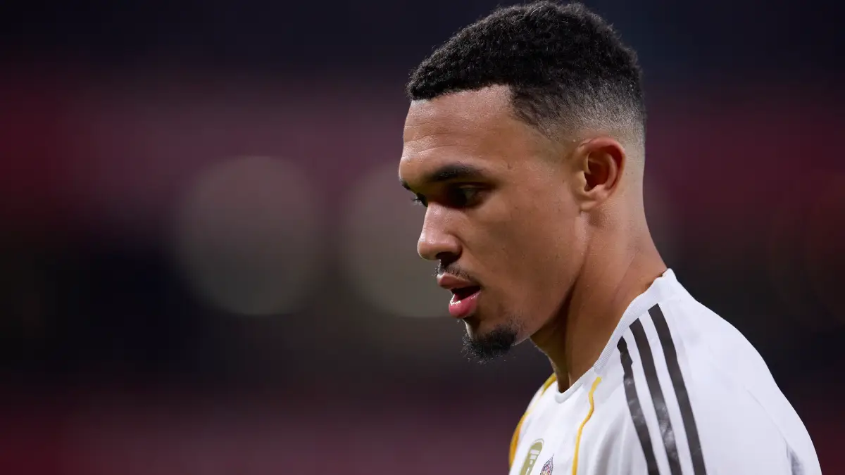 BILBAO, SPAIN - DECEMBER 03: Trent Alexander-Arnold of Real Madrid CF looks down at the pitch during the LaLiga EA Sports match between Athletic Club and Real Madrid CF at Estadio de San Mames on December 03, 2025 in Bilbao, Spain. (Photo by Ion Alcoba Beitia/Getty Images)