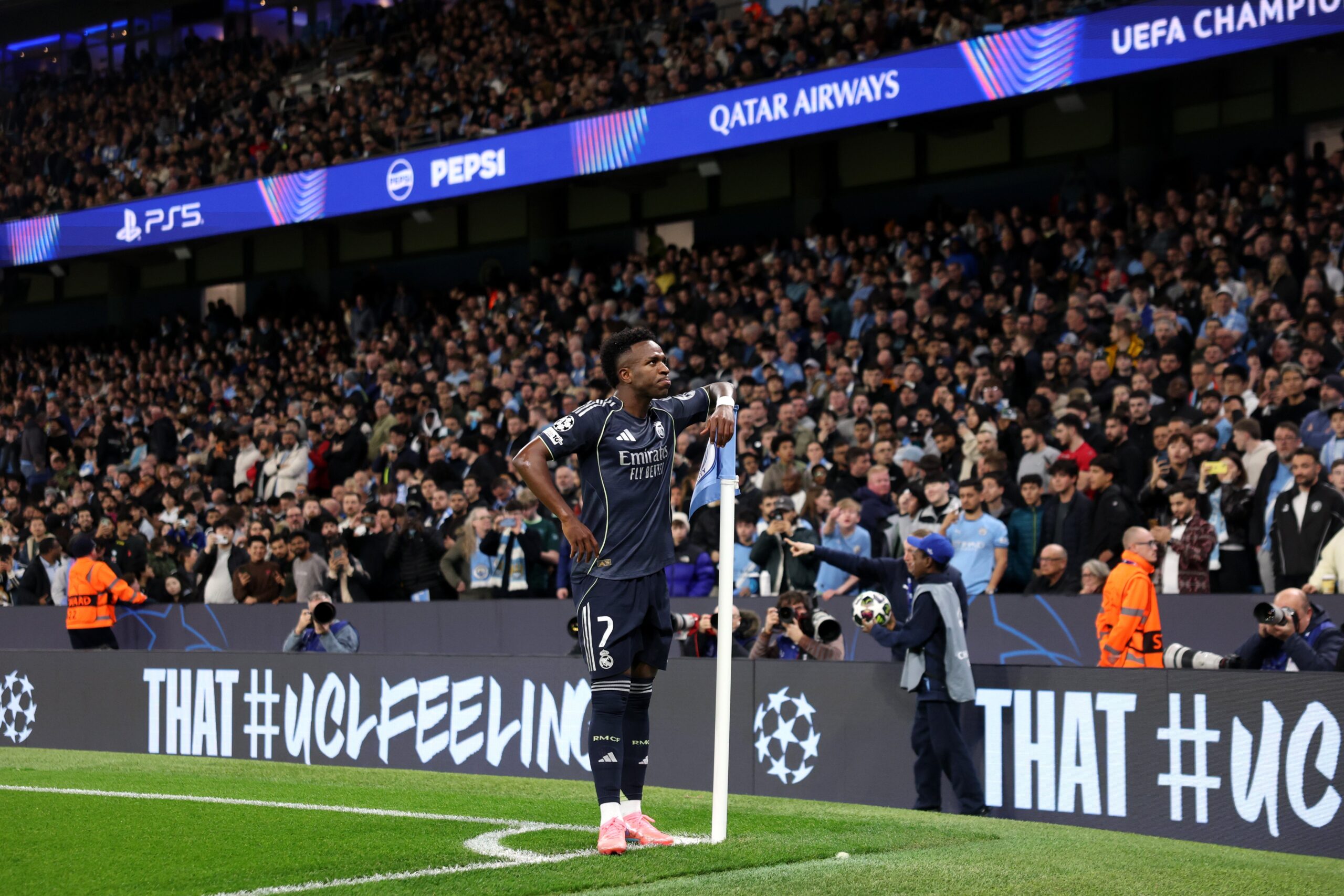 MANCHESTER, ENGLAND - MARCH 17: Vinicius Junior of Real Madrid celebrates scoring his team's first goal from the penalty spot during the UEFA Champions League 2025/26 Round of 16 Second Leg match between Manchester City FC and Real Madrid CF at City of Manchester Stadium on March 17, 2026 in Manchester, England. (Photo by Carl Recine/Getty Images)