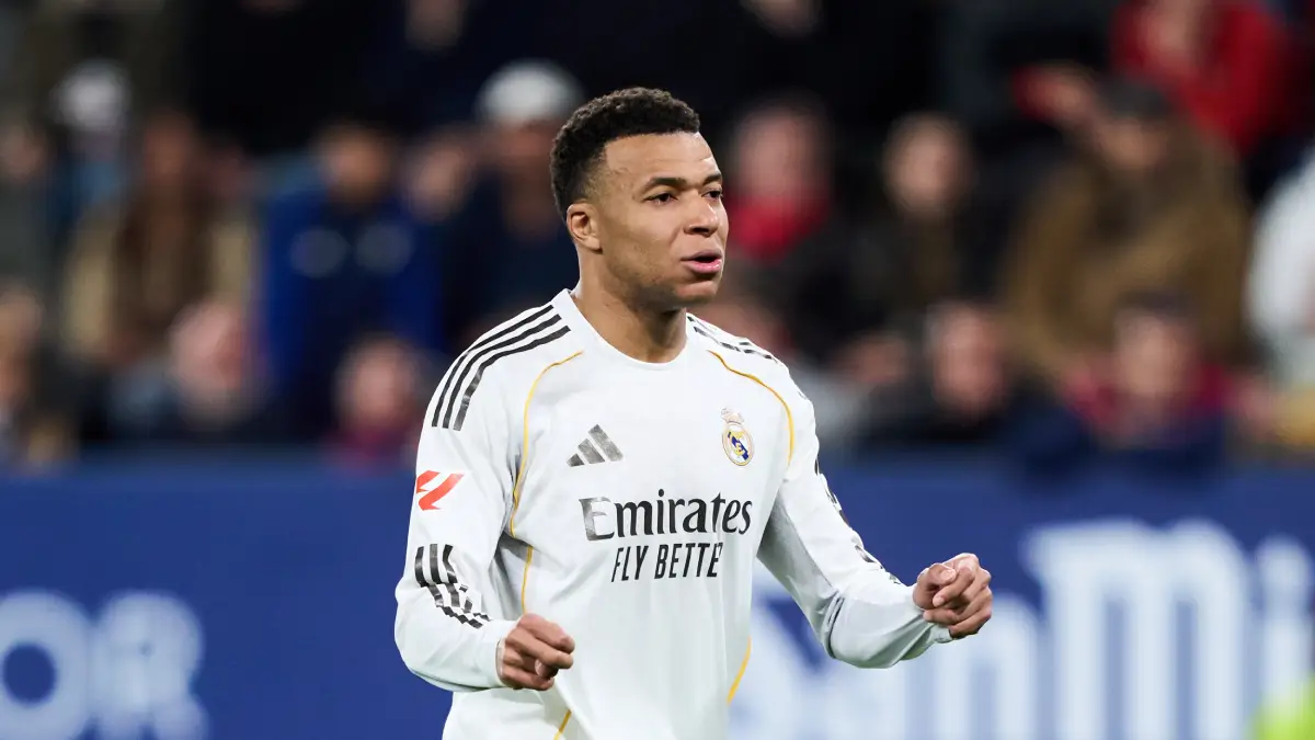 PAMPLONA, SPAIN - FEBRUARY 21: Kylian Mbappe of Real Madrid reacts during the LaLiga EA Sports match between CA Osasuna and Real Madrid CF at Estadio El Sadar on February 21, 2026 in Pamplona, Spain. (Photo by Juan Manuel Serrano Arce/Getty Images)