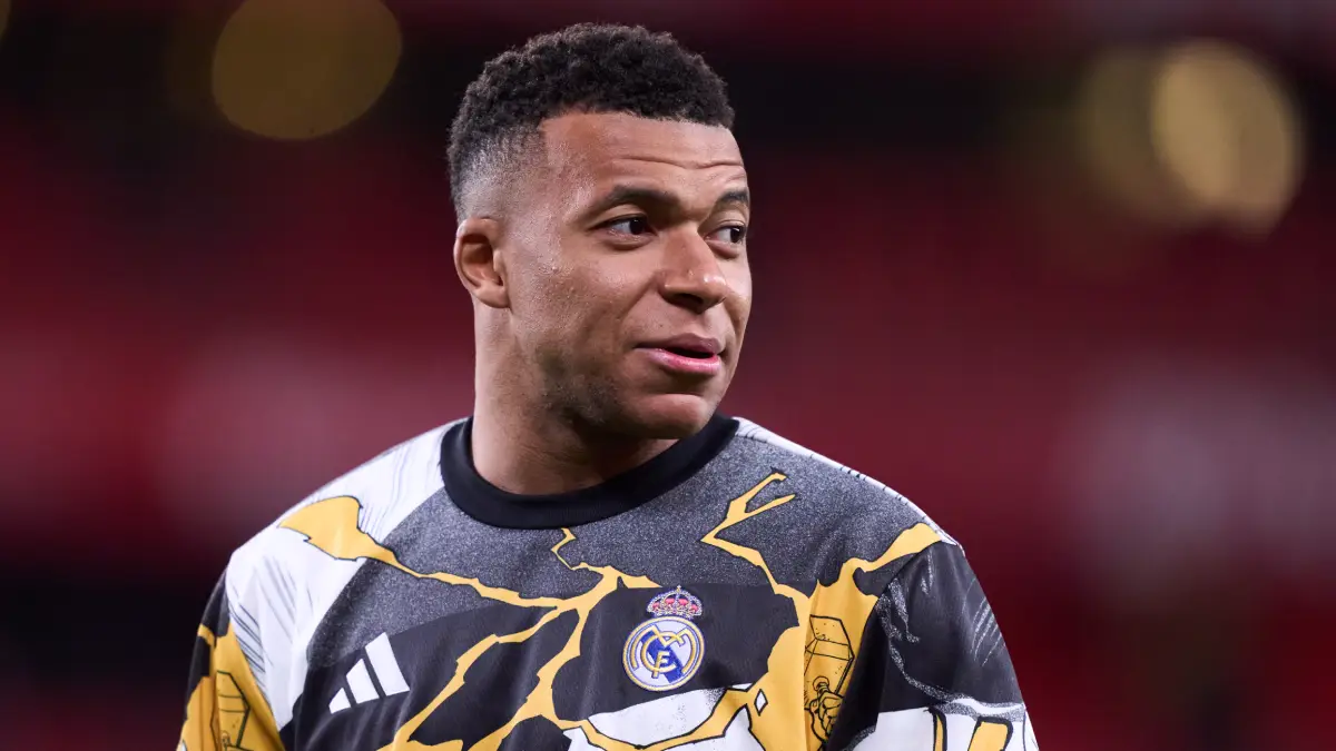 BILBAO, SPAIN - DECEMBER 03: Kylian Mbappe of Real Madrid looks on prior to during the LaLiga EA Sports match between Athletic Club and Real Madrid CF at Estadio de San Mames on December 03, 2025 in Bilbao, Spain. (Photo by Juan Manuel Serrano Arce/Getty Images)