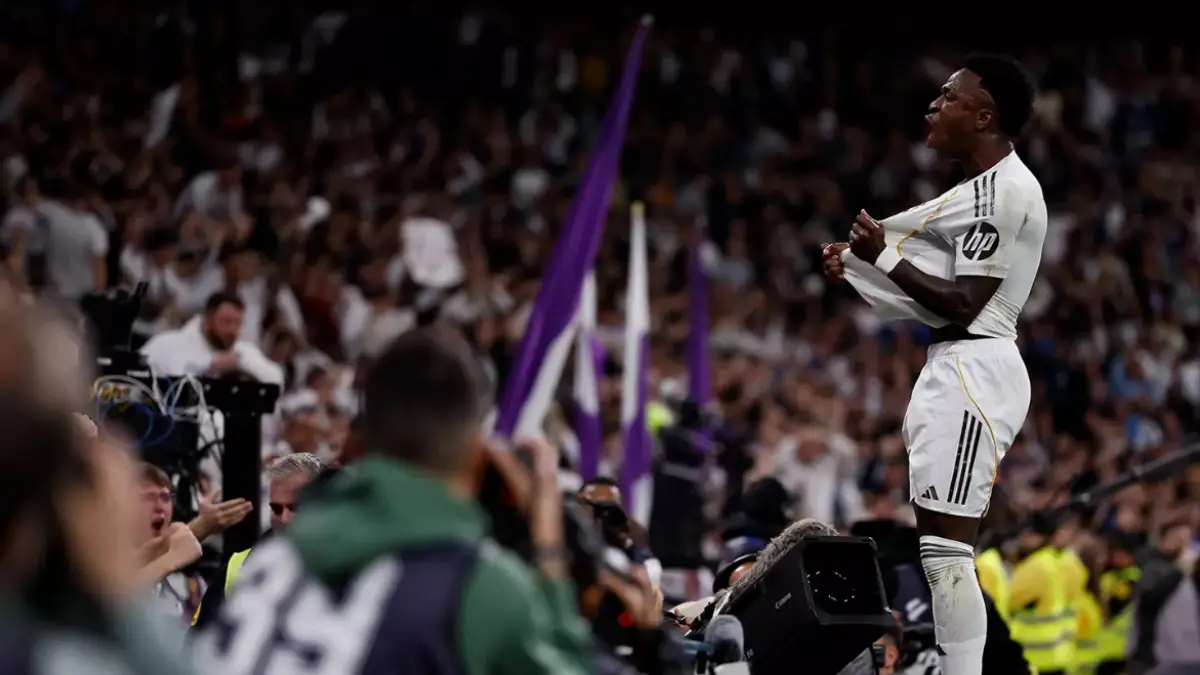 Vinícius Jr célèbre son deuxième but contre l’Atlético (realmadrid.com)