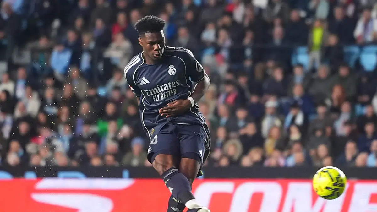 VIGO, SPAIN - MARCH 06: Aurelien Tchouameni of Real Madrid scores his team's first goal during the LaLiga EA Sports match between RC Celta de Vigo and Real Madrid CF at Estadio Abanca-Balaidos on March 06, 2026 in Vigo, Spain. (Photo by Jose Manuel Alvarez Rey/Getty Images)