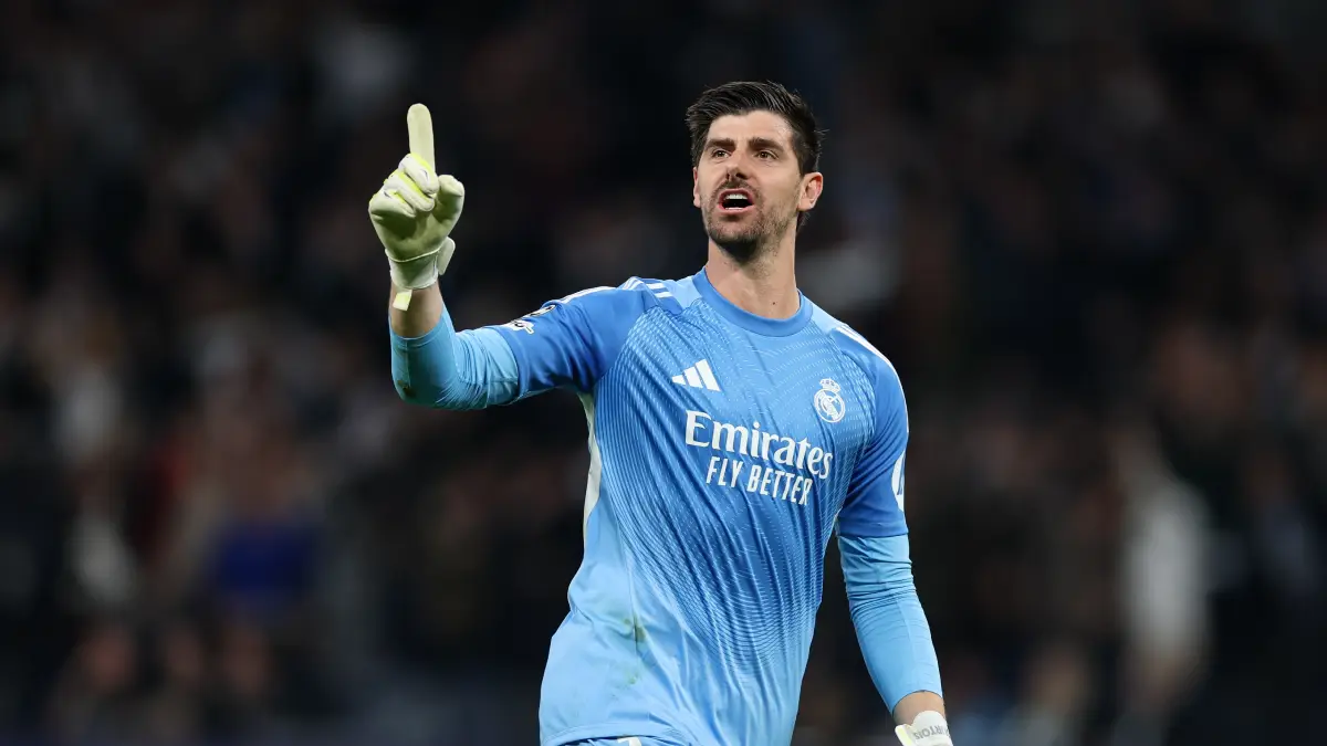 MADRID, SPAIN - MARCH 11: Thibaut Courtois of Real Madrid celebrates after their sides second goal by Federico Valverde (not pictured) during the UEFA Champions League 2025/26 Round of 16 First Leg match between Real Madrid CF and Manchester City FC at Estadio Santiago Bernabeu on March 11, 2026 in Madrid, Spain. (Photo by Florencia Tan Jun/Getty Images)