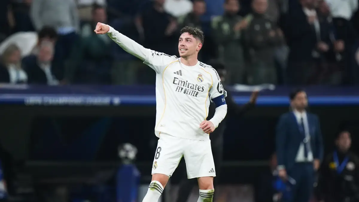 MADRID, SPAIN - MARCH 11: Federico Valverde of Real Madrid celebrates scoring his team's third goal and hat trick during the UEFA Champions League 2025/26 Round of 16 First Leg match between Real Madrid CF and Manchester City FC at Estadio Santiago Bernabeu on March 11, 2026 in Madrid, Spain. (Photo by Angel Martinez/Getty Images)