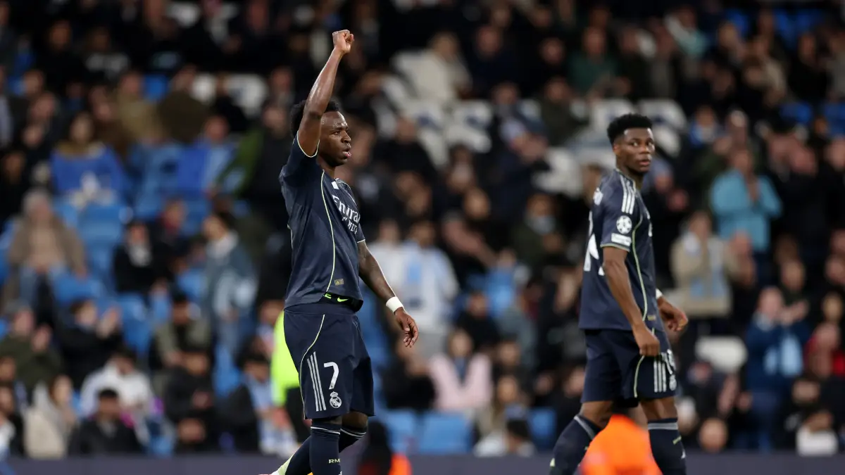 MANCHESTER, ENGLAND - MARCH 17: Vinicius Junior of Real Madrid celebrates scoring his team's second goal during the UEFA Champions League 2025/26 Round of 16 Second Leg match between Manchester City FC and Real Madrid CF at City of Manchester Stadium on March 17, 2026 in Manchester, England. (Photo by Michael Regan/Getty Images)