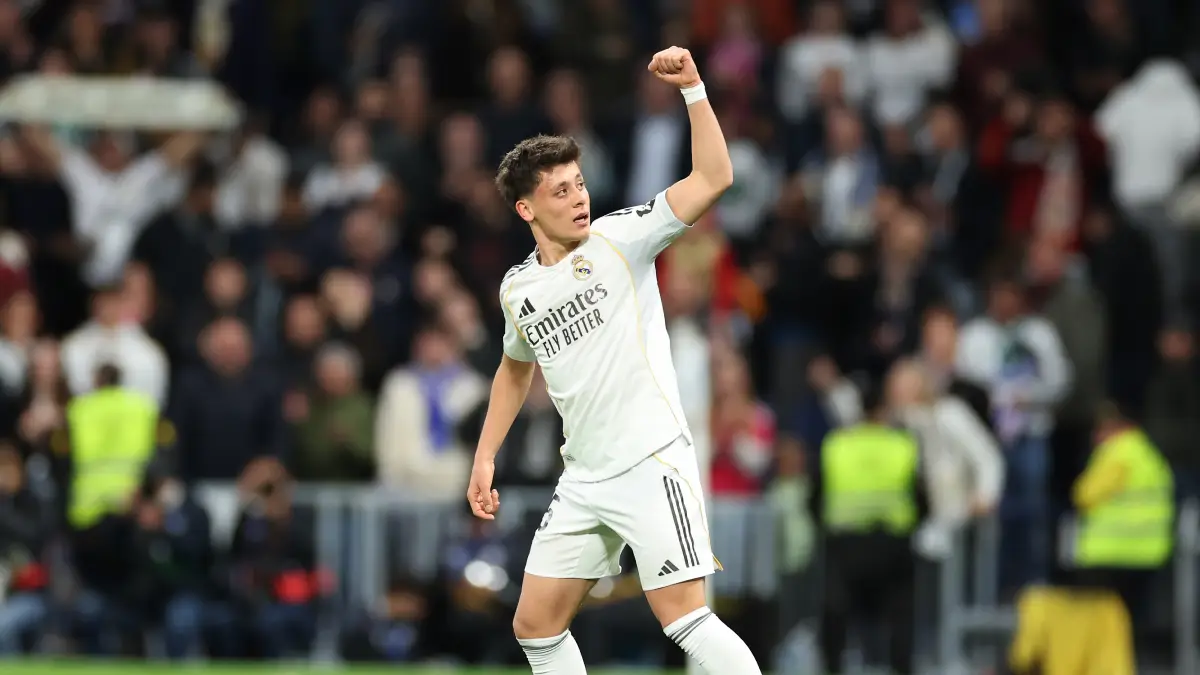 MADRID, SPAIN - MARCH 14: Arda Guler of Real Madrid celebrates scoring his team's fourth goal during the LaLiga EA Sports match between Real Madrid CF and Elche CF at Estadio Santiago Bernabeu on March 14, 2026 in Madrid, Spain. (Photo by Florencia Tan Jun/Getty Images)