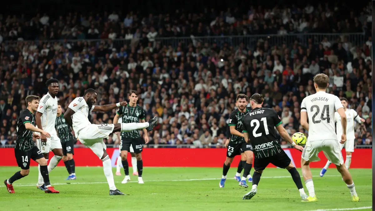 MADRID, SPAIN - MARCH 14: Antonio Ruediger of Real Madrid scores his team's first goal during the LaLiga EA Sports match between Real Madrid CF and Elche CF at Estadio Santiago Bernabeu on March 14, 2026 in Madrid, Spain. (Photo by Florencia Tan Jun/Getty Images)