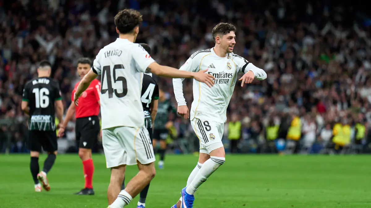 MADRID, SPAIN - MARCH 14: Federico Valverde of Real Madrid celebrates after scoring his team's second goal during the LaLiga EA Sports match between Real Madrid CF and Elche CF at Estadio Santiago Bernabeu on March 14, 2026 in Madrid, Spain. (Photo by Angel Martinez/Getty Images)