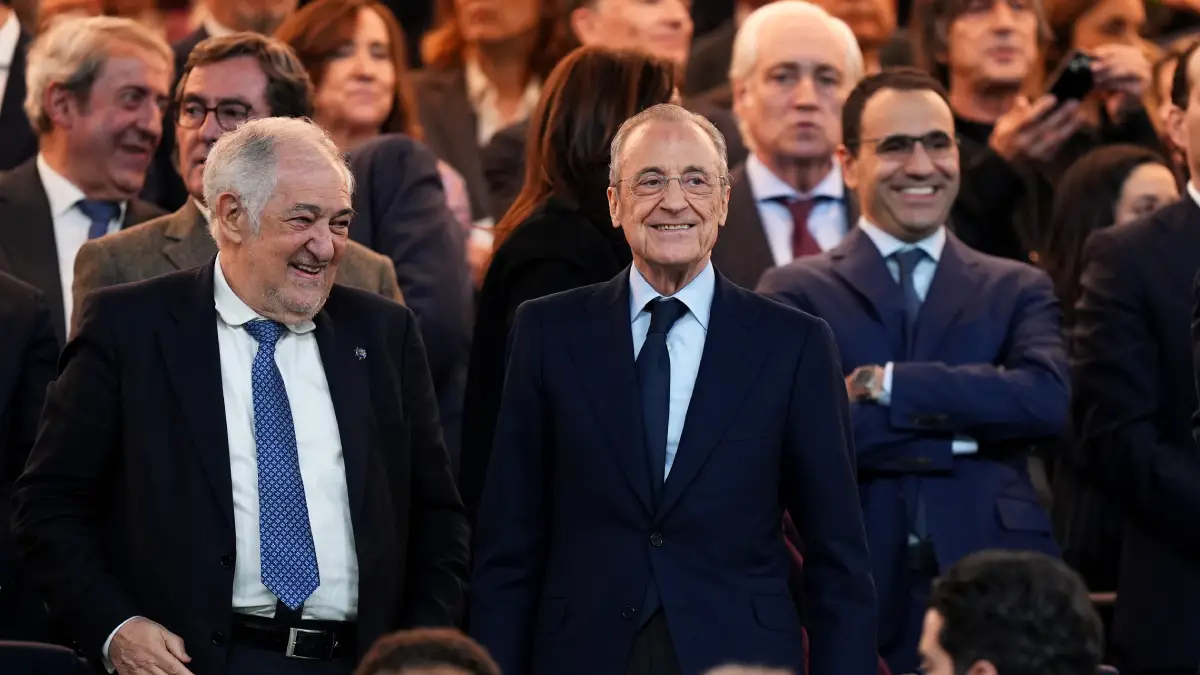MADRID, SPAIN - FEBRUARY 25: Florentino Perez, President of Real Madrid looks on prior to the UEFA Champions League 2025/26 League Knockout Play-off Second Leg match between Real Madrid C.F. and SL Benfica at Estadio Santiago Bernabeu on February 25, 2026 in Madrid, Spain. (Photo by Angel Martinez/Getty Images)