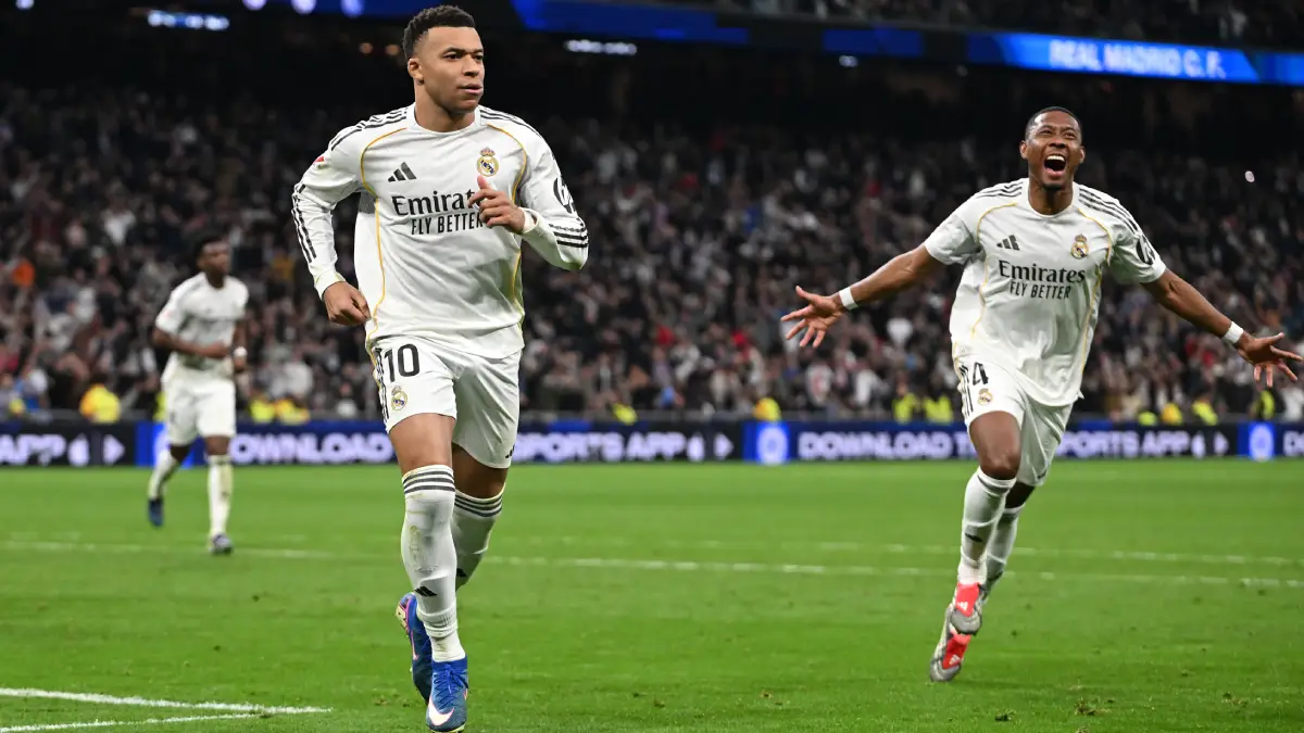 MADRID, SPAIN - FEBRUARY 01: Kylian Mbappe of Real Madrid celebrates scoring his team's second goal during the LaLiga EA Sports match between Real Madrid CF and Rayo Vallecano de Madrid at Estadio Santiago Bernabeu on February 01, 2026 in Madrid, Spain. (Photo by Denis Doyle/Getty Images)