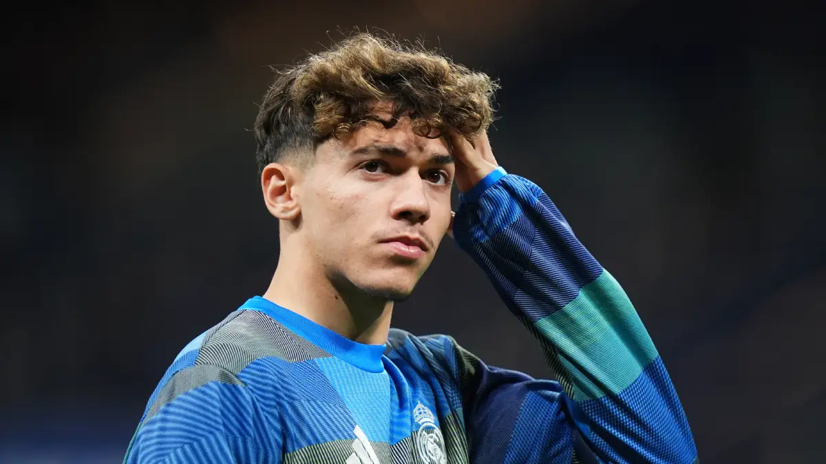 MADRID, SPAIN - MARCH 14: Thiago Pitarch of Real Madrid looks on during the warm up prior to the LaLiga EA Sports match between Real Madrid CF and Elche CF at Estadio Santiago Bernabeu on March 14, 2026 in Madrid, Spain. (Photo by Angel Martinez/Getty Images)