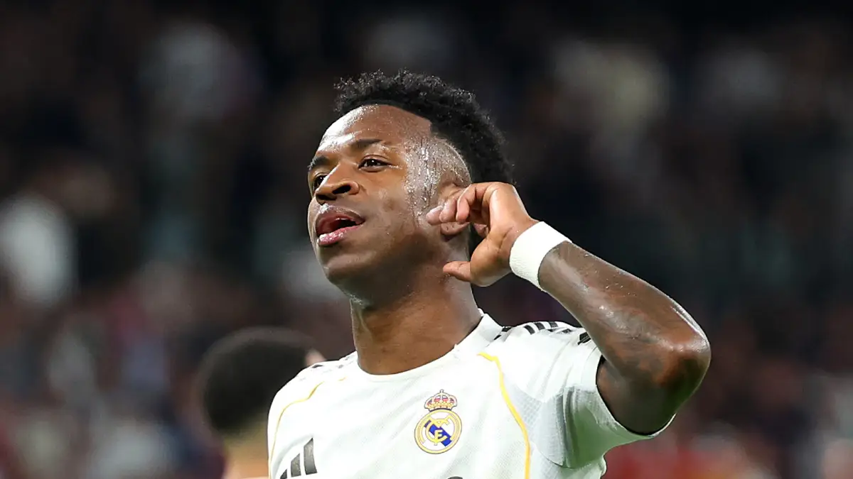 MADRID, SPAIN - MARCH 22: Vinicius Junior of Real Madrid celebrates scoring his team's third goal during the LaLiga EA Sports match between Real Madrid CF and Atletico de Madrid at Estadio Santiago Bernabeu on March 22, 2026 in Madrid, Spain. (Photo by Florencia Tan Jun/Getty Images)