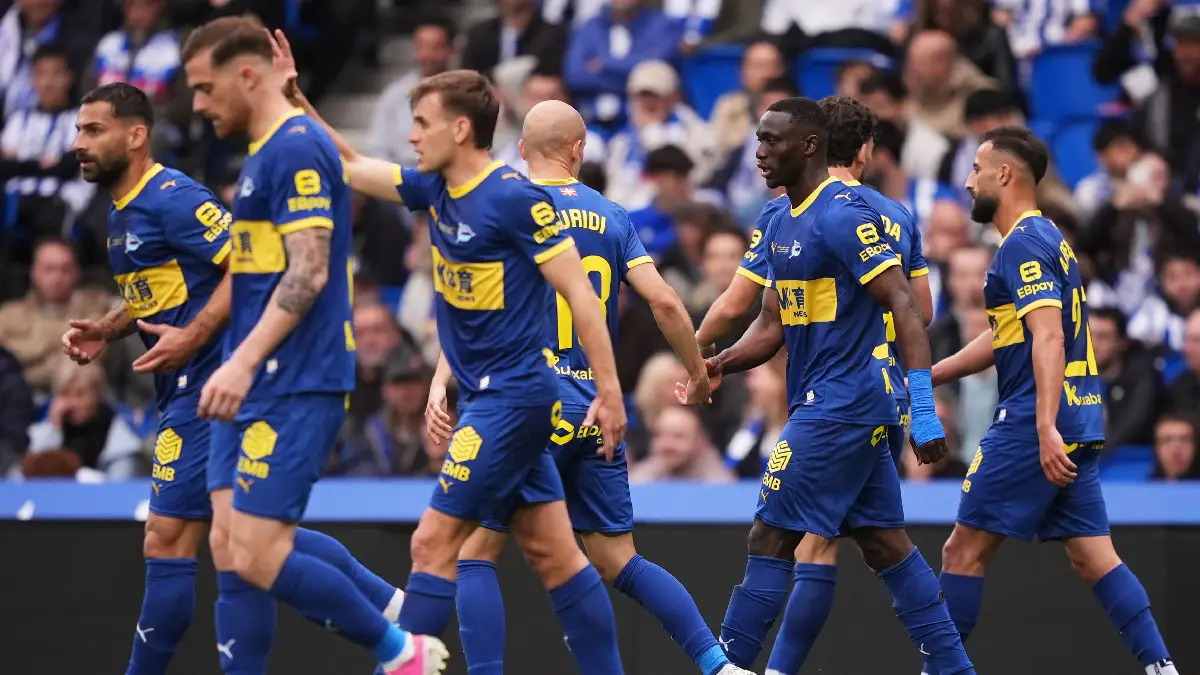 SAN SEBASTIAN, SPAIN - APRIL 11: Ibrahim Diabate of Deportivo Alaves celebrates scoring his team's second goal during the LaLiga EA Sports match between Real Sociedad and Deportivo Alaves at Reale Arena on April 11, 2026 in San Sebastian, Spain. (Photo by Juan Manuel Serrano Arce/Getty Images)