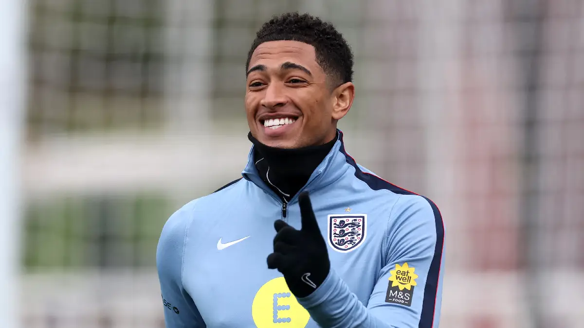 BURTON-UPON-TRENT, ENGLAND - MARCH 24: Jude Bellingham of England reacts during a training session at St Georges Park on March 24, 2026 in Burton-upon-Trent, England. (Photo by Carl Recine/Getty Images)