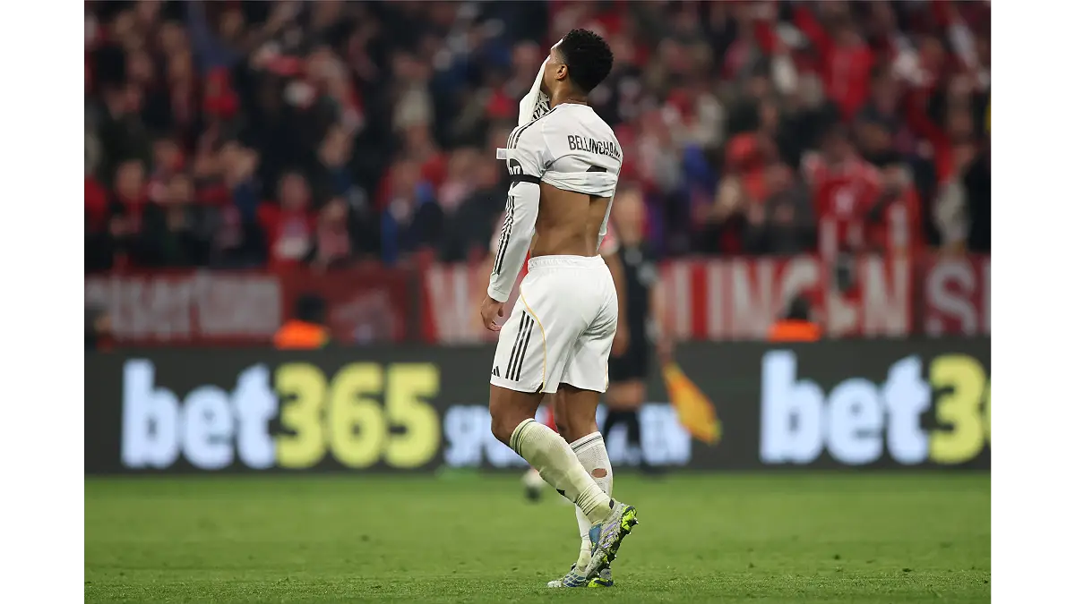 MUNICH, GERMANY - APRIL 15: Jude Bellingham of Real Madrid reacts during the UEFA Champions League 2025/26 Quarter-Final Second Leg match between FC Bayern München and Real Madrid CF at Football Arena Munich on April 15, 2026 in Munich, Germany. (Photo by Alex Grimm/Getty Images)