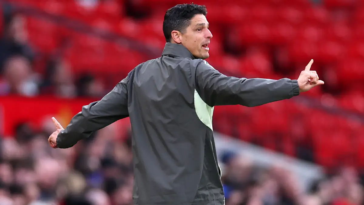 MANCHESTER, ENGLAND - APRIL 07: Julian Lopez de Lerma, head coach of Real Madrid Castilla during the Premier League International Cup Quarter Final match between Manchester United U21 v Real Madrid U21 at Old Trafford on April 07, 2026 in Manchester, England. (Photo by Molly Darlington/Getty Images)