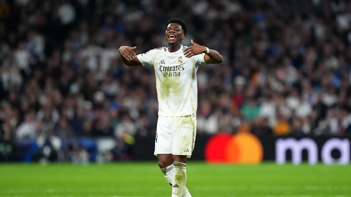 MADRID, SPAIN - FEBRUARY 25: Aurelien Tchouameni of Real Madrid gestures during the UEFA Champions League 2025/26 League Knockout Play-off Second Leg match between Real Madrid C.F. and SL Benfica at Estadio Santiago Bernabeu on February 25, 2026 in Madrid, Spain. (Photo by Angel Martinez/Getty Images)