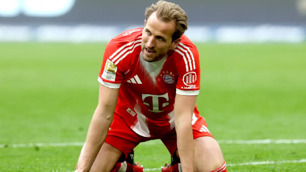 MUNICH, GERMANY - MARCH 21: Harry Kane of FC Bayern München reacts during the Bundesliga match between FC Bayern München and 1. FC Union Berlin at Allianz Arena on March 21, 2026 in Munich, Germany. (Photo by Alexander Hassenstein/Getty Images)