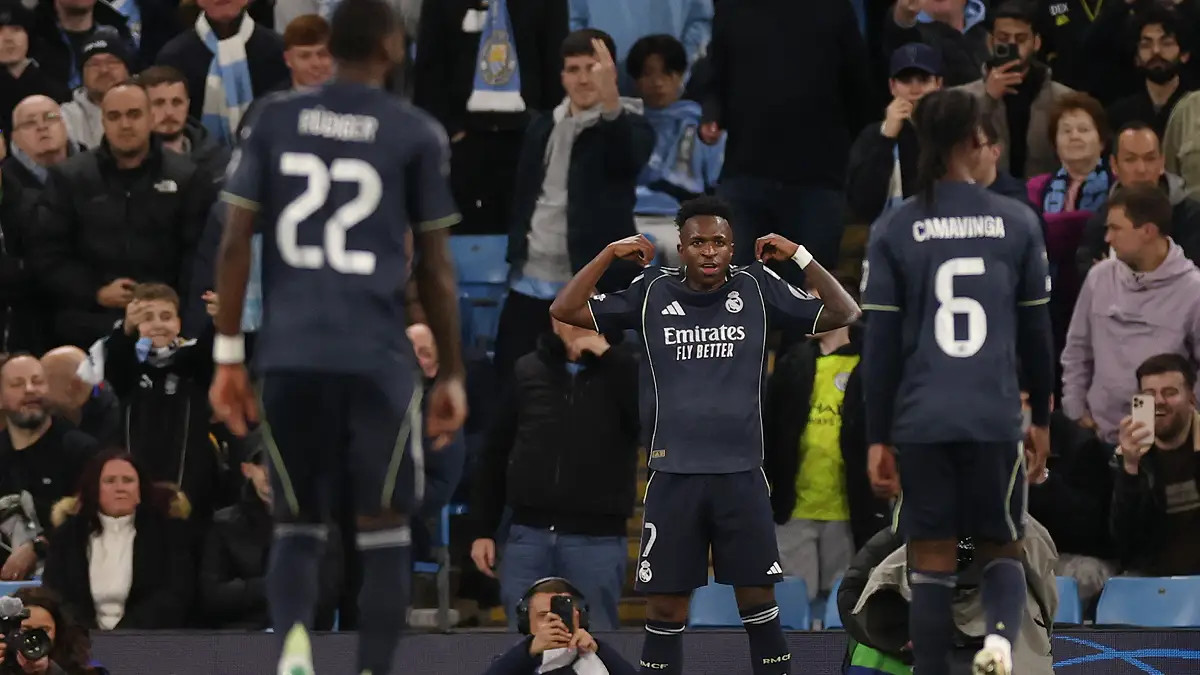 MANCHESTER, ENGLAND - MARCH 17: Vinicius Junior of Real Madrid celebrates scoring a goal that is later disallowed following a VAR review during the UEFA Champions League 2025/26 Round of 16 Second Leg match between Manchester City FC and Real Madrid CF at City of Manchester Stadium on March 17, 2026 in Manchester, England. (Photo by Carl Recine/Getty Images)