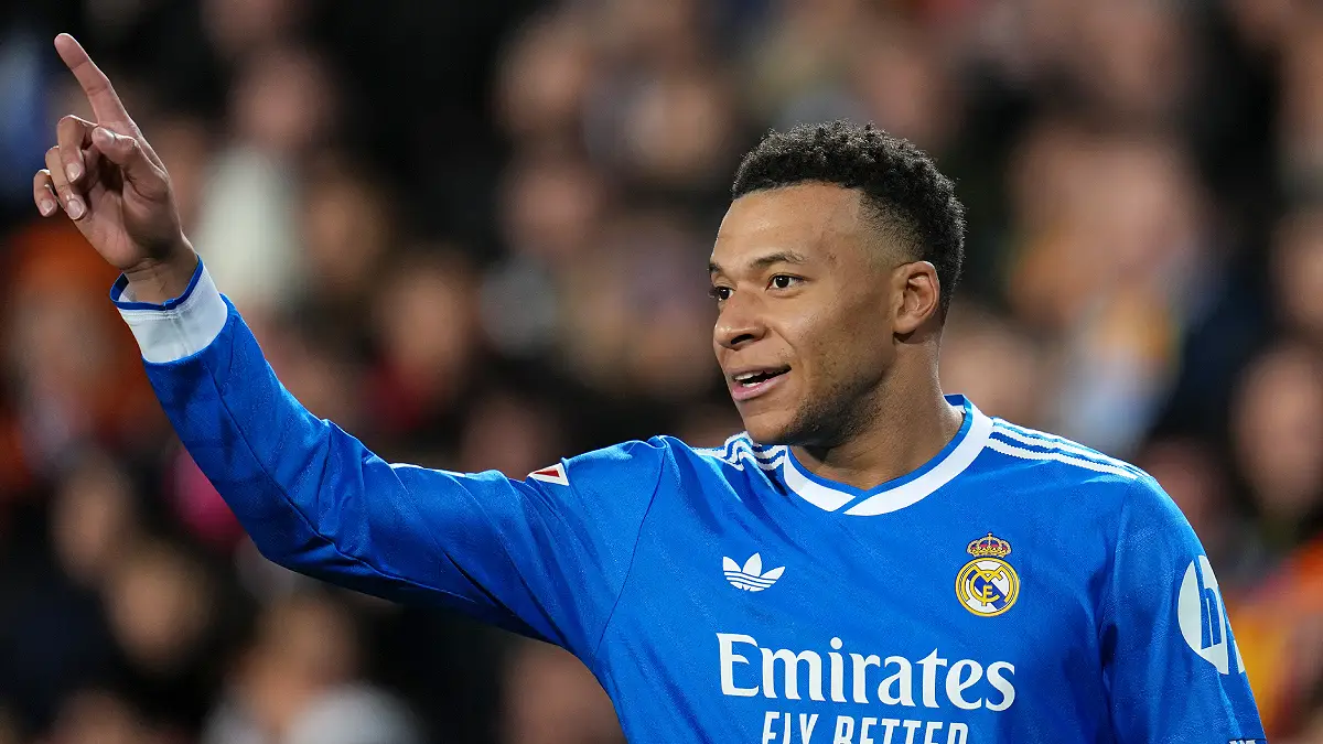 VALENCIA, SPAIN - FEBRUARY 08: Kylian Mbappe of Real Madrid reacts during the LaLiga EA Sports match between Valencia CF and Real Madrid CF at Estadi de Mestalla on February 08, 2026 in Valencia, Spain. (Photo by Aitor Alcalde/Getty Images)