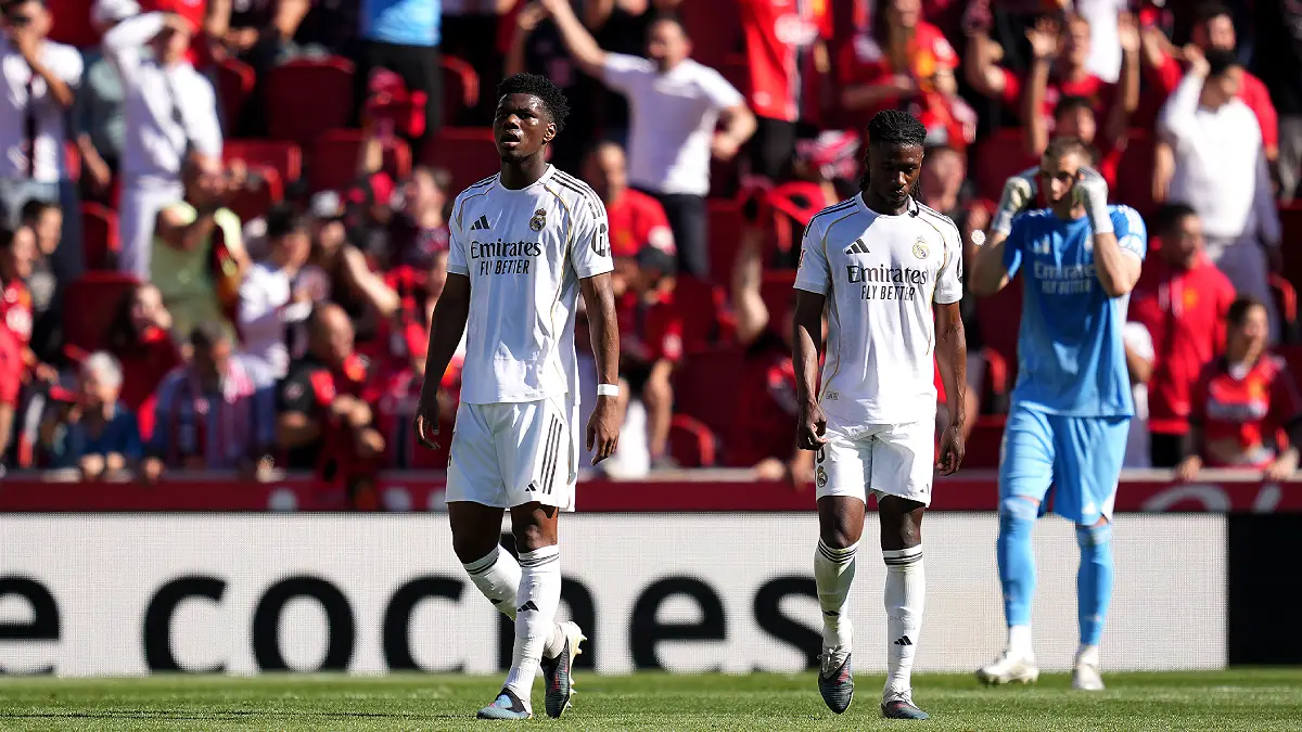 MALLORCA, SPAIN - APRIL 04: Aurelien Tchouameni of Real Madrid reacts after his side concedes a goal during the LaLiga EA Sports match between RCD Mallorca and Real Madrid CF at Estadio Daredevil Son Moix on April 04, 2026 in Mallorca, Spain. (Photo by Alex Caparros/Getty Images)