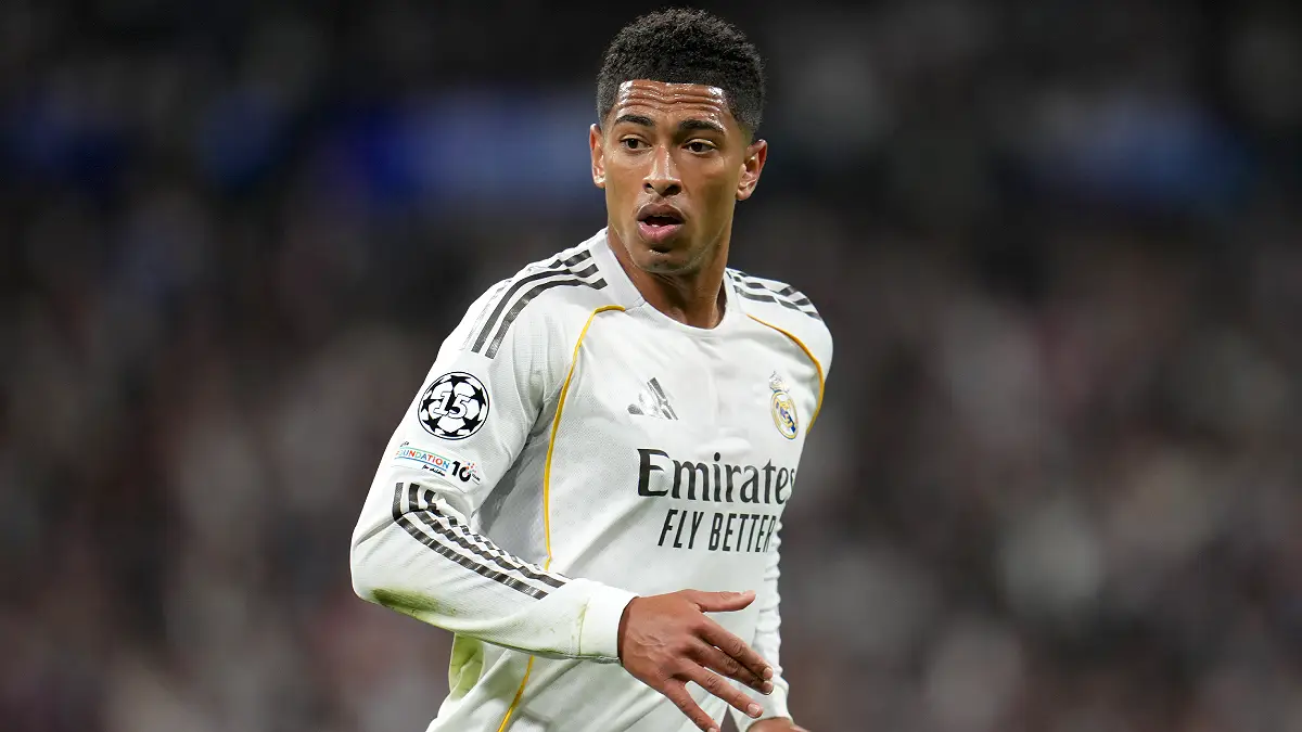 MADRID, SPAIN - APRIL 07: Jude Bellingham of Real Madrid looks on during the UEFA Champions League 2025/26 Quarter-Final First Leg match between Real Madrid CF and FC Bayern München at Estadio Santiago Bernabeu on April 07, 2026 in Madrid, Spain. (Photo by Aitor Alcalde/Getty Images)