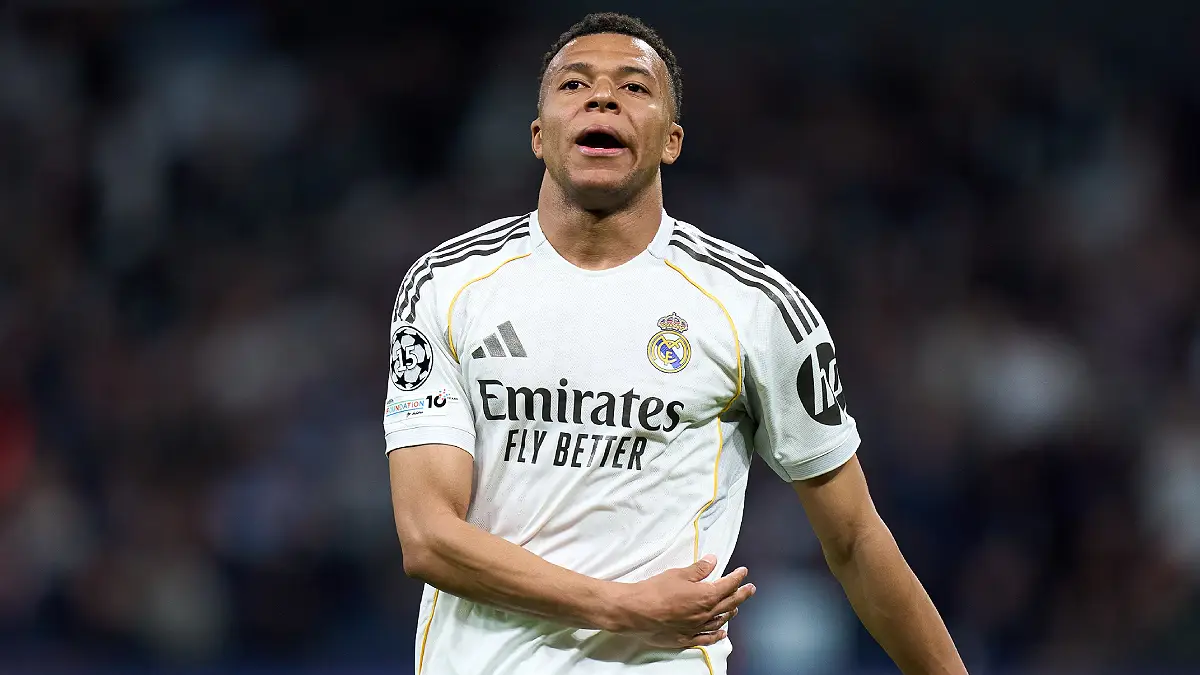 MADRID, SPAIN - APRIL 07: Kylian Mbappe of Real Madrid reacts during the UEFA Champions League 2025/26 Quarter-Final First Leg match between Real Madrid CF and FC Bayern München at Estadio Santiago Bernabeu on April 07, 2026 in Madrid, Spain. (Photo by Angel Martinez/Getty Images)