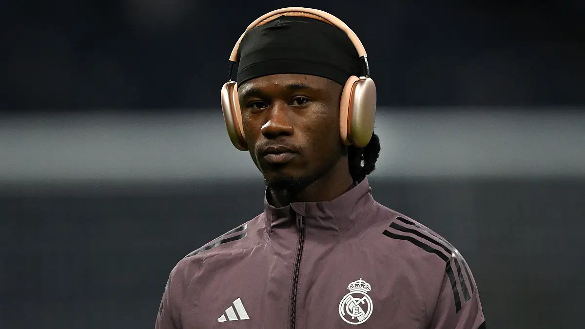 MADRID, SPAIN - DECEMBER 20: Eduardo Camavinga of Real Madrid inspects the pitch prior to the LaLiga EA Sports match between Real Madrid CF and Sevilla FC at Estadio Santiago Bernabeu on December 20, 2025 in Madrid, Spain. (Photo by Denis Doyle/Getty Images)