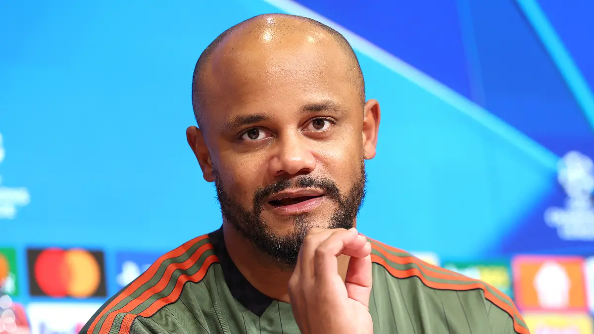 MUNICH, GERMANY - OCTOBER 22: Vincent Kompany, head coach of FC Bayern München talls to the media during a press conference after the UEFA Champions League 2025/26 League Phase MD3 match between FC Bayern München and Club Brugge KV at Football Arena Munich on October 22, 2025 in Munich, Germany. (Photo by Alexander Hassenstein/Getty Images)