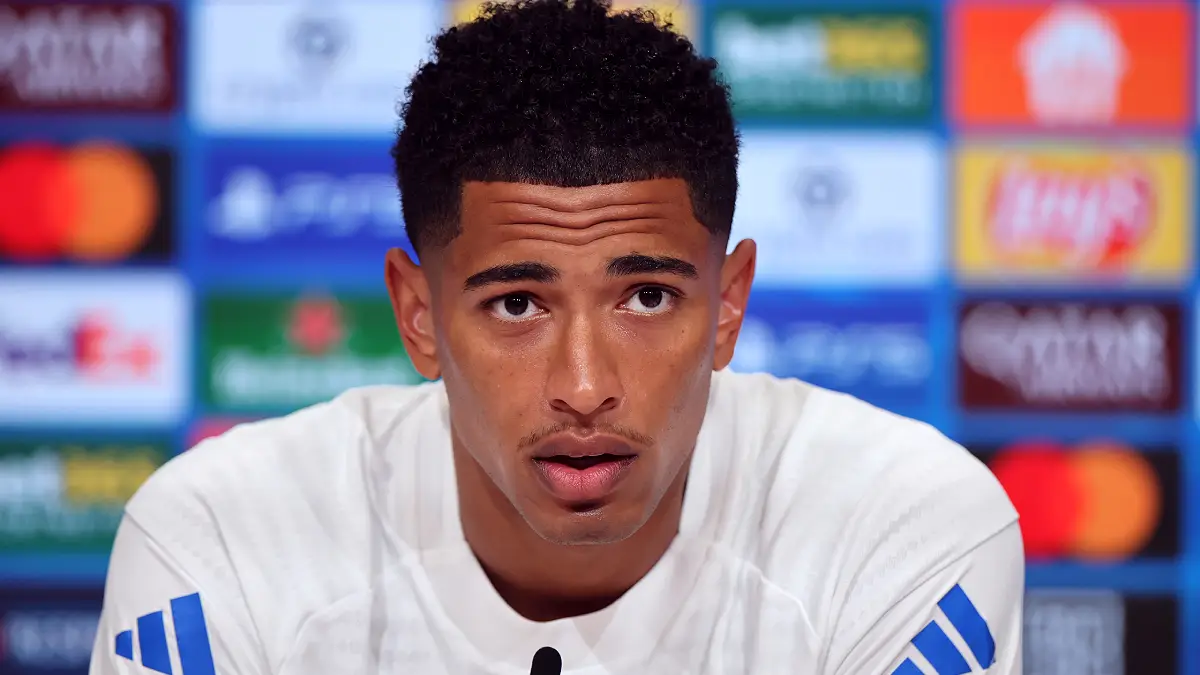 MUNICH, GERMANY - APRIL 14: Jude Bellingham of Real Madrid speaks to the media in a press conference prior the UEFA Champions League 2025/26 quarter-final second leg match between FC Bayern Munich and Real Madrid at Football Arena Munich on April 14, 2026 in Munich, Germany. (Photo by Alex Grimm/Getty Images)