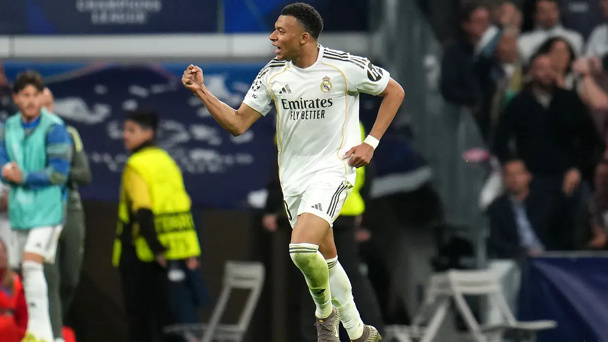 MADRID, SPAIN - APRIL 07: Kylian Mbappe of Real Madrid celebrates scoring his team's first goal during the UEFA Champions League 2025/26 Quarter-Final First Leg match between Real Madrid CF and FC Bayern München at Estadio Santiago Bernabeu on April 07, 2026 in Madrid, Spain. (Photo by Aitor Alcalde/Getty Images)