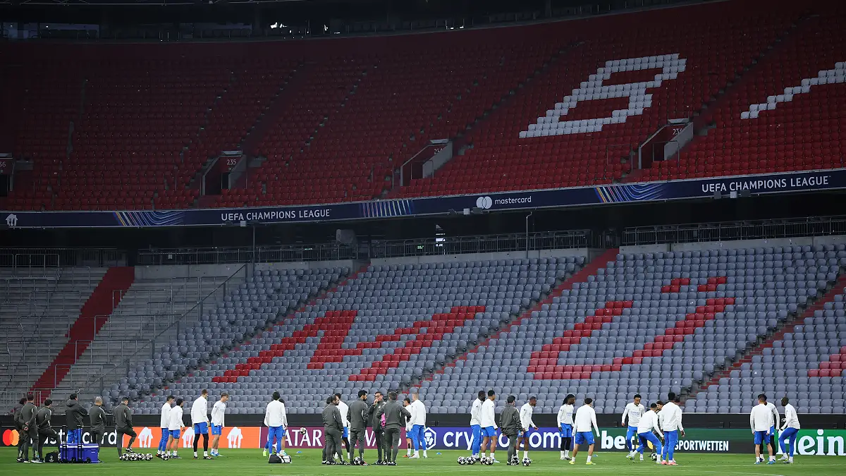 MUNICH, GERMANY - APRIL 14: General view inside the stadium during a Real Madrid Training Session prior their UEFA Champions League 2025/26 quarter-final second leg match at Football Arena Munich on April 14, 2026 in Munich, Germany. (Photo by Alex Grimm/Getty Images)