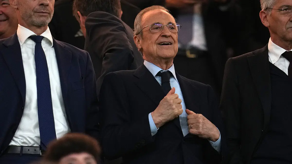 MADRID, SPAIN - APRIL 07: Aleksander Ceferin, President of UEFA, and Florentino Perez, President of Real Madrid, are seen in attendance prior to the UEFA Champions League 2025/26 Quarter-Final First Leg match between Real Madrid CF and FC Bayern München at Estadio Santiago Bernabeu on April 07, 2026 in Madrid, Spain. (Photo by Aitor Alcalde/Getty Images)
