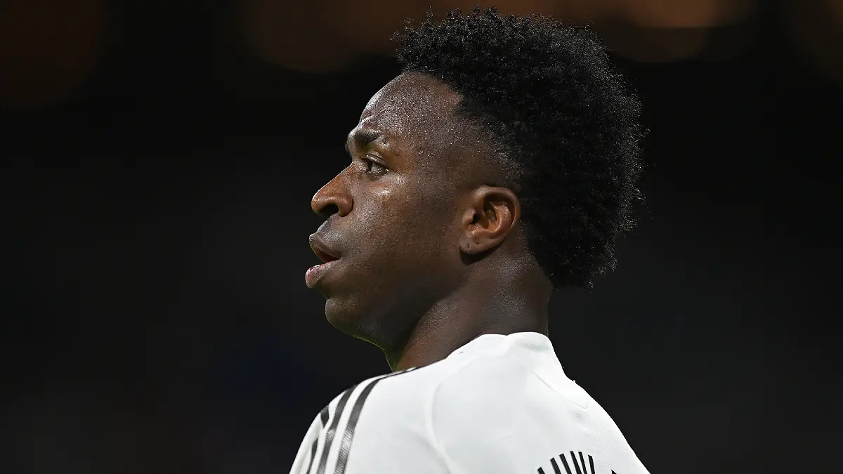 MADRID, SPAIN - APRIL 10: Vinicius Jr. of Real Madrid looks on during the LaLiga EA Sports match between Real Madrid CF and Girona FC at Estadio Santiago Bernabeu on April 10, 2026 in Madrid, Spain. (Photo by Denis Doyle/Getty Images)