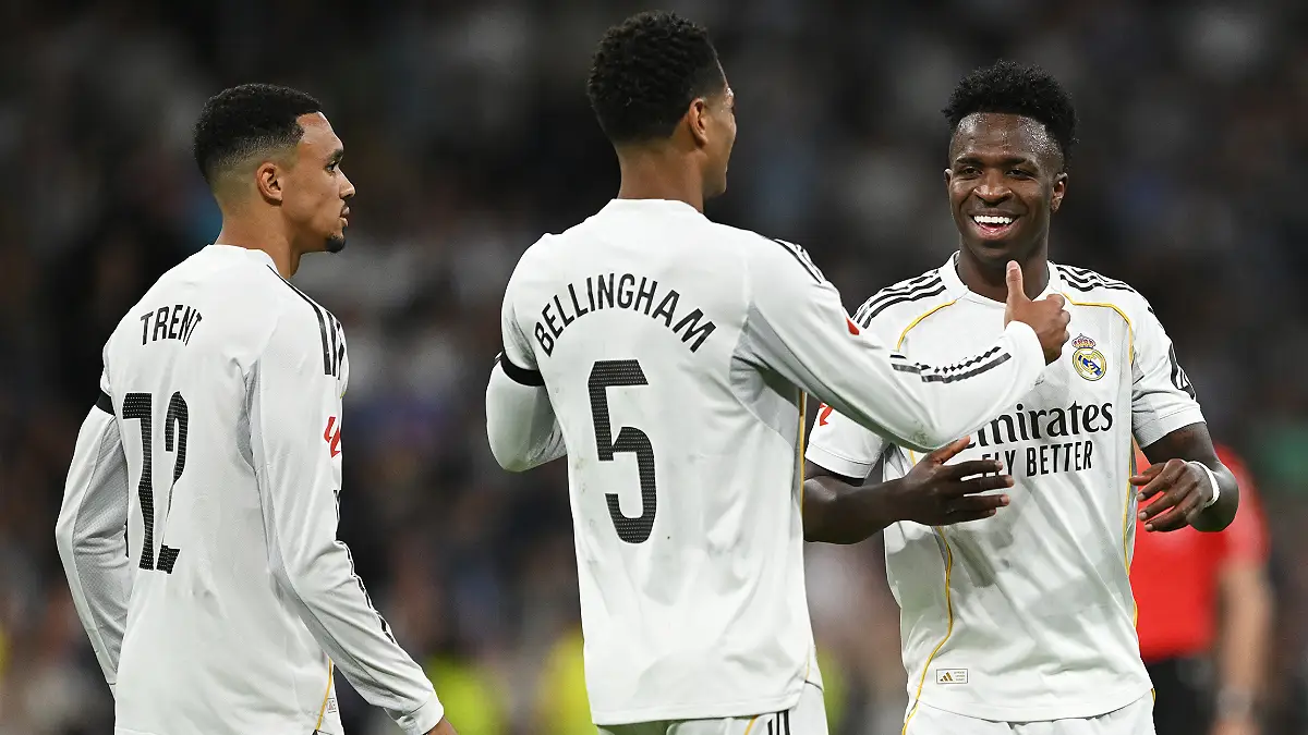 MADRID, SPAIN - APRIL 21: Vinicius Junior of Real Madrid celebrates scoring his team's second goal with Jude Bellingham during the LaLiga EA Sports match between Real Madrid CF and Deportivo Alaves at Estadio Santiago Bernabeu on April 21, 2026 in Madrid, Spain. (Photo by Denis Doyle/Getty Images)
