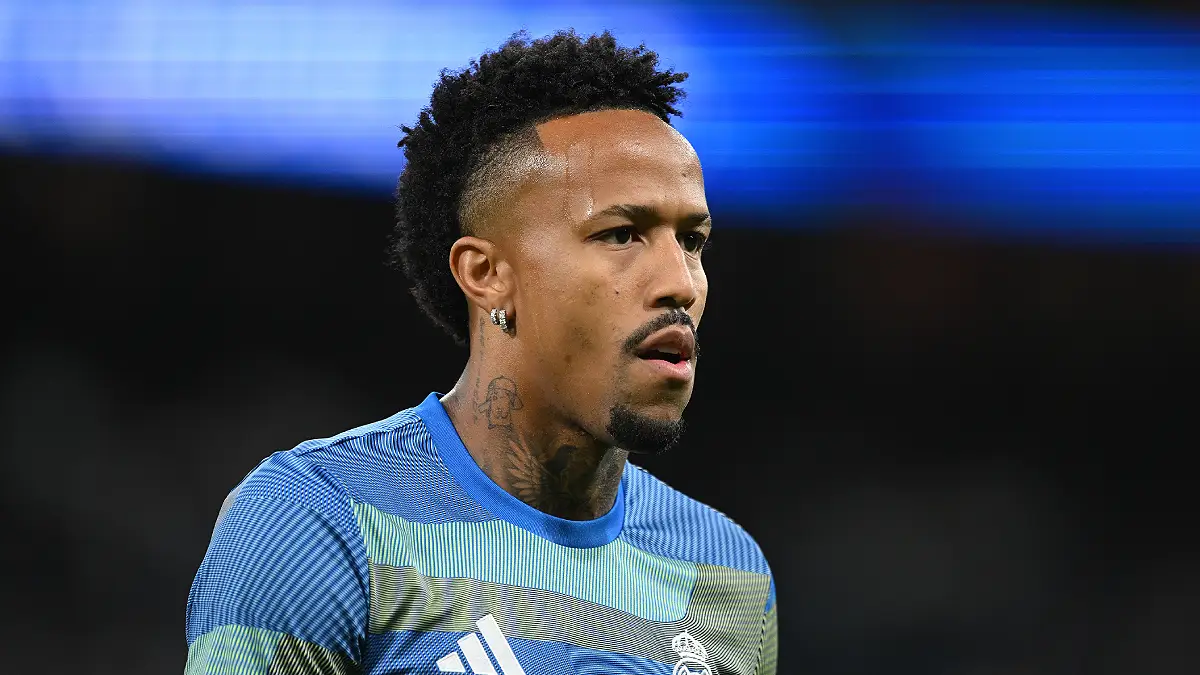 MADRID, SPAIN - APRIL 21: Eder Militao of Real Madrid looks on during the warm-up session before the LaLiga EA Sports match between Real Madrid CF and Deportivo Alaves at Estadio Santiago Bernabeu on April 21, 2026 in Madrid, Spain. (Photo by Denis Doyle/Getty Images)