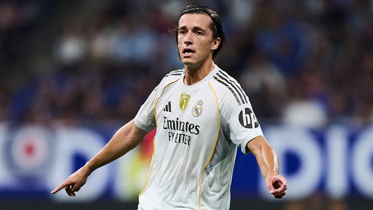 OVIEDO, SPAIN - AUGUST 24: Alvaro Carreras of Real Madrid looks on during the LaLiga EA Sports match between Real Oviedo and Real Madrid CF at Carlos Tartiere on August 24, 2025 in Oviedo, Spain. (Photo by Juan Manuel Serrano Arce/Getty Images)
