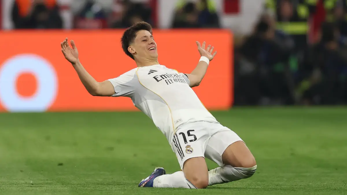 MUNICH, GERMANY - APRIL 15: Arda Guler of Real Madrid celebrates scoring his team's second goal during the UEFA Champions League 2025/26 Quarter-Final Second Leg match between FC Bayern München and Real Madrid CF at Football Arena Munich on April 15, 2026 in Munich, Germany. (Photo by Lars Baron/Getty Images)