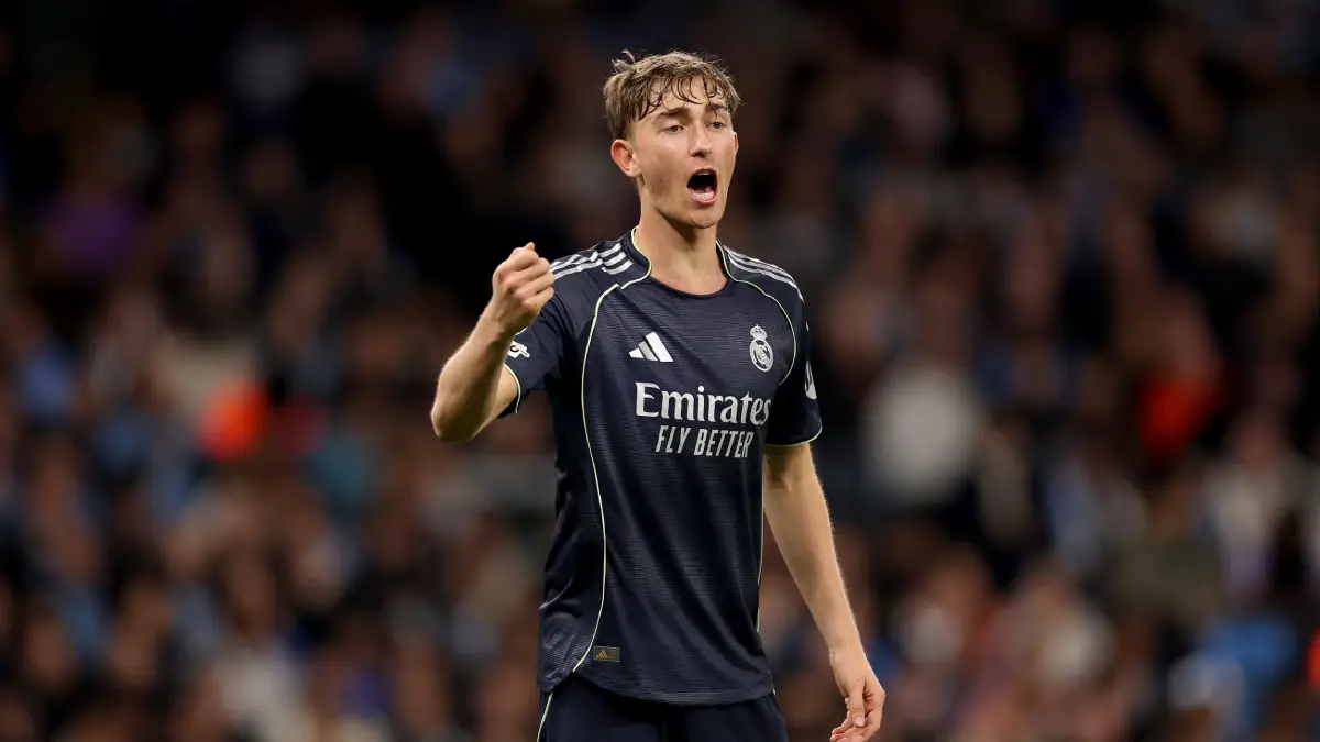 MANCHESTER, ENGLAND - MARCH 17: Dean Huijsen of Real Madrid during the UEFA Champions League 2025/26 Round of 16 Second Leg match between Manchester City FC and Real Madrid CF at City of Manchester Stadium on March 17, 2026 in Manchester, England. (Photo by Carl Recine/Getty Images)