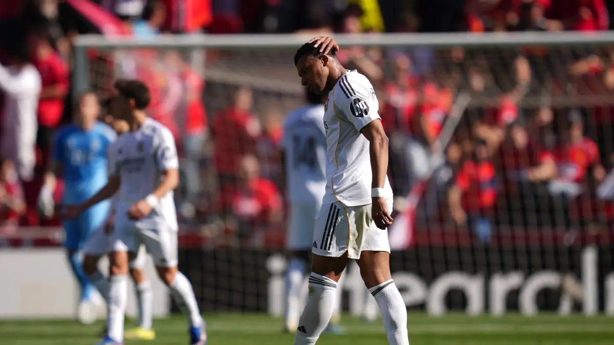 MALLORCA, SPAIN - APRIL 04: Kylian Mbappe of Real Madrid reacts after his side concedes a goal during the LaLiga EA Sports match between RCD Mallorca and Real Madrid CF at Estadio Daredevil Son Moix on April 04, 2026 in Mallorca, Spain. (Photo by Alex Caparros/Getty Images)