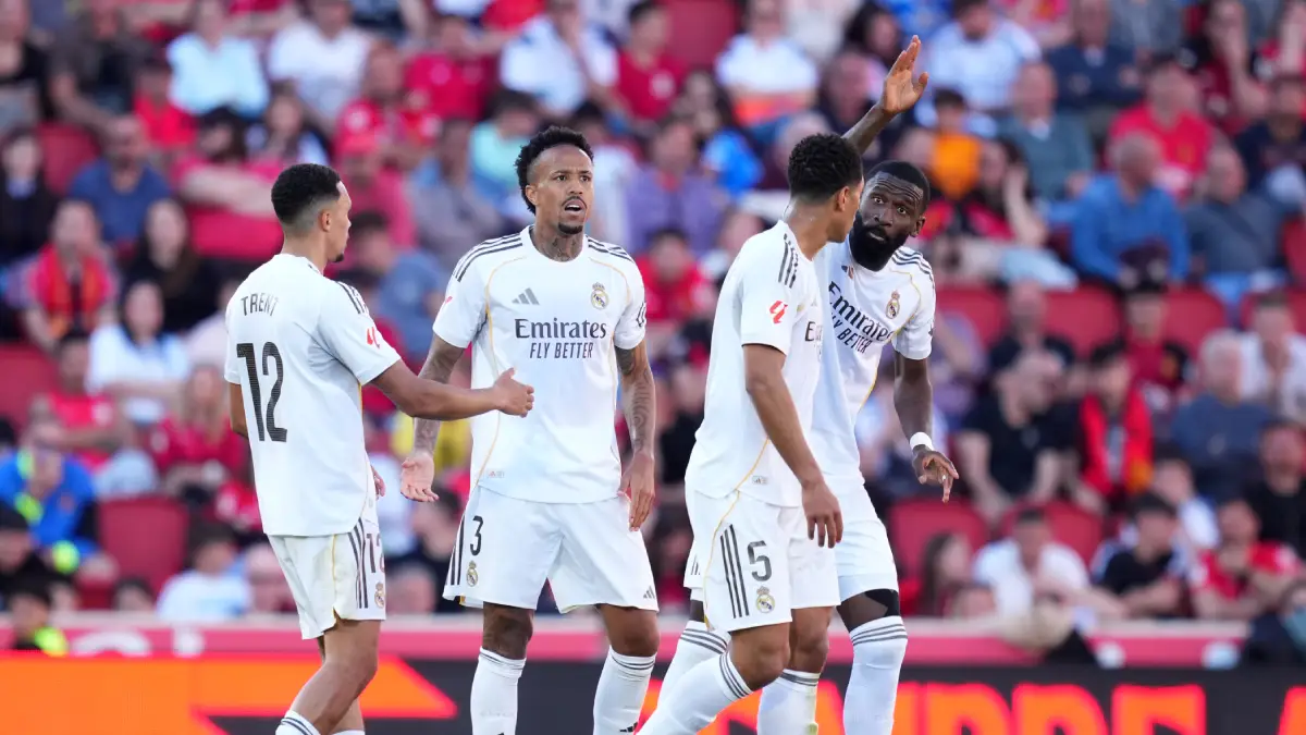MALLORCA, SPAIN - APRIL 04: Eder Militao of Real Madrid celebrates scoring his team's first goal with teammates during the LaLiga EA Sports match between RCD Mallorca and Real Madrid CF at Estadio Daredevil Son Moix on April 04, 2026 in Mallorca, Spain. (Photo by Alex Caparros/Getty Images)