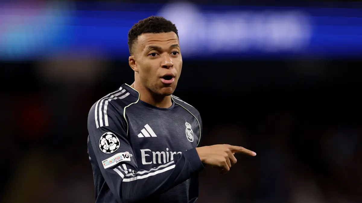 MANCHESTER, ENGLAND - MARCH 17: Kylian Mbappe of Real Madrid during the UEFA Champions League 2025/26 Round of 16 Second Leg match between Manchester City FC and Real Madrid CF at City of Manchester Stadium on March 17, 2026 in Manchester, England. (Photo by Carl Recine/Getty Images)