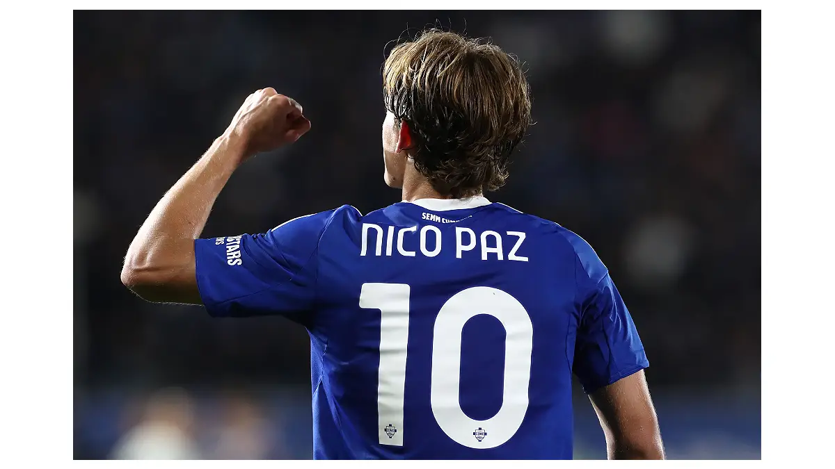 COMO, ITALY - APRIL 12: Nico Paz of Como 1907 celebrates after scoring their team's second goal during the Serie A match between Como 1907 and FC Internazionale at Giuseppe Sinigaglia Stadium on April 12, 2026 in Como, Italy. (Photo by Marco Luzzani/Getty Images)
