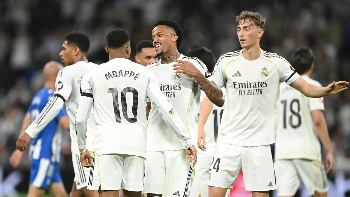 MADRID, SPAIN - APRIL 21: Kylian Mbappe of Real Madrid celebrates scoring his team
