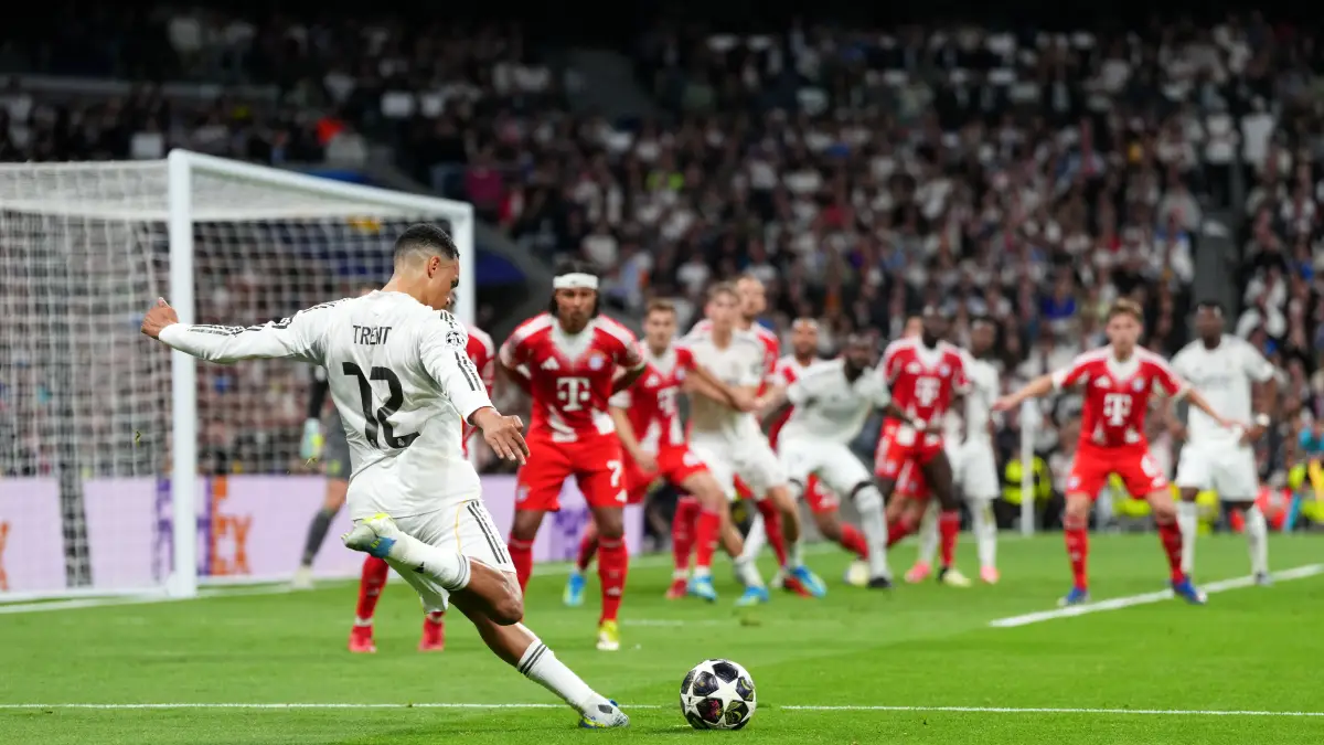 MADRID, SPAIN - APRIL 07: Trent Alexander-Arnold of Real Madrid takes a free kick during the UEFA Champions League 2025/26 Quarter-Final First Leg match between Real Madrid CF and FC Bayern München at Estadio Santiago Bernabeu on April 07, 2026 in Madrid, Spain. (Photo by Aitor Alcalde/Getty Images)