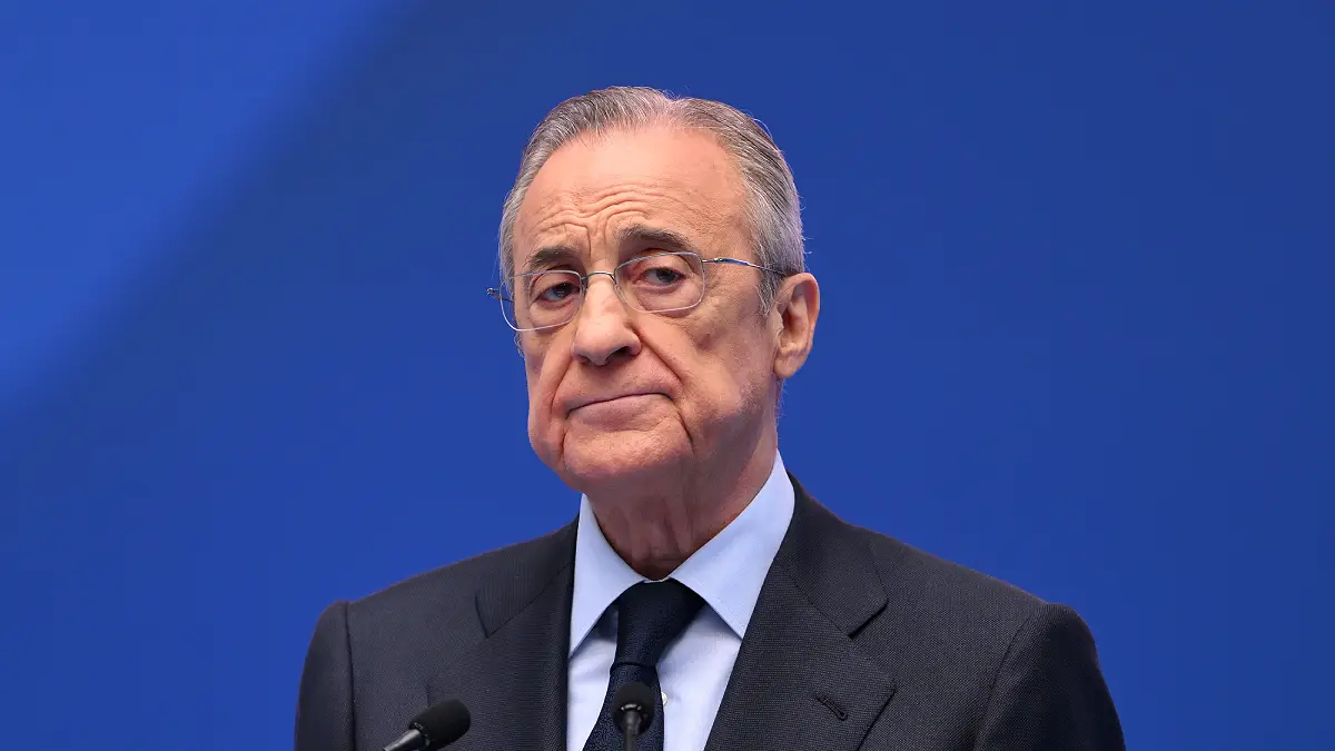 MADRID, SPAIN - JULY 16: Florentino Perez Rodriguez, President of Real Madrid speaks as Real Madrid new signing, Kylian Mbappe is unveiled at Estadio Santiago Bernabeu on July 16, 2024 in Madrid, Spain. (Photo by David Ramos/Getty Images)