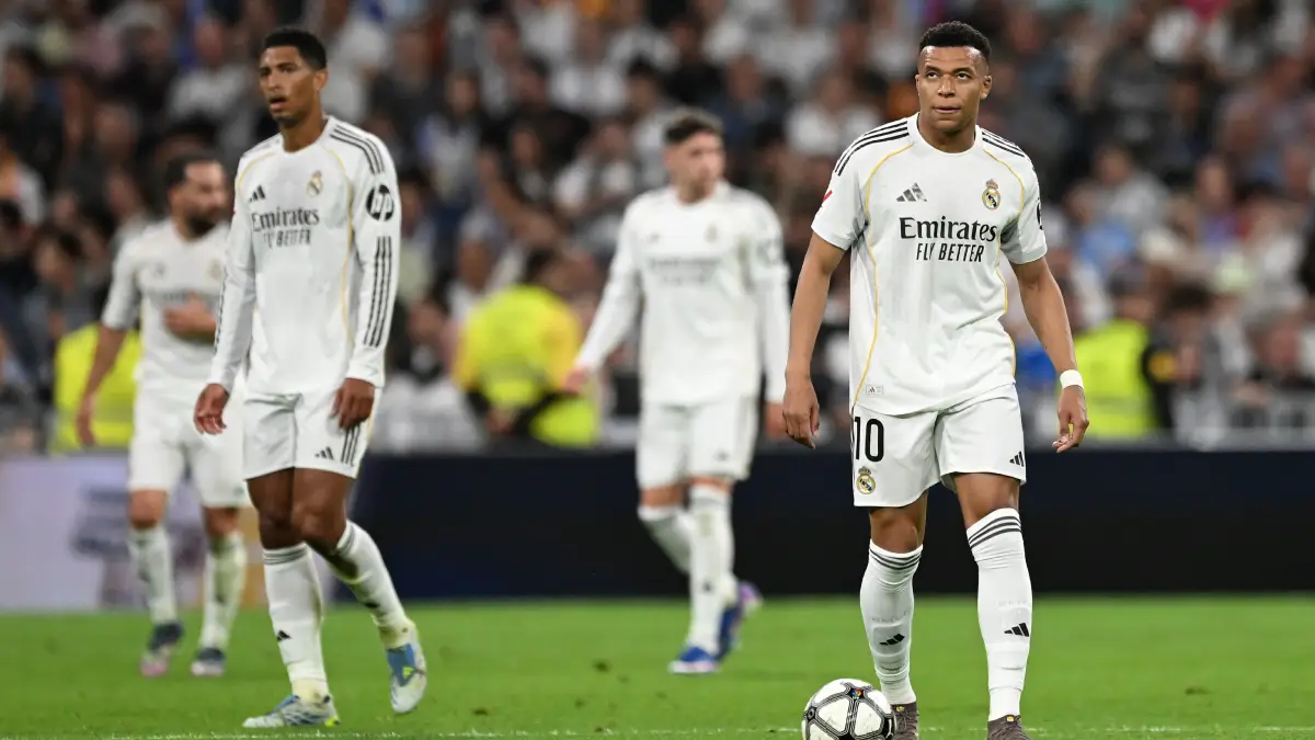 MADRID, SPAIN - APRIL 10: Kylian Mbappe of Real Madrid looks dejected after Thomas Lemar of Girona FC (not pictured) scores his team's first goal during the LaLiga EA Sports match between Real Madrid CF and Girona FC at Estadio Santiago Bernabeu on April 10, 2026 in Madrid, Spain. (Photo by Denis Doyle/Getty Images)