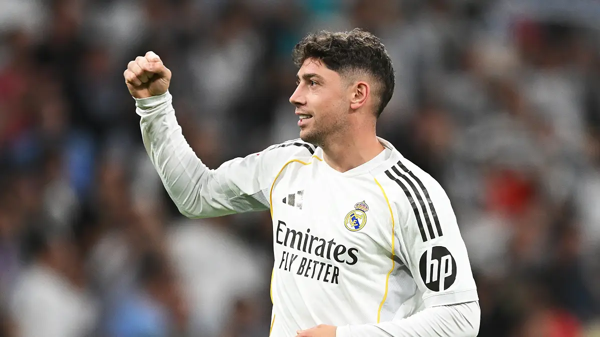 MADRID, SPAIN - APRIL 10: Federico Valverde of Real Madrid celebrates scoring his team's first goal during the LaLiga EA Sports match between Real Madrid CF and Girona FC at Estadio Santiago Bernabeu on April 10, 2026 in Madrid, Spain. (Photo by Denis Doyle/Getty Images)